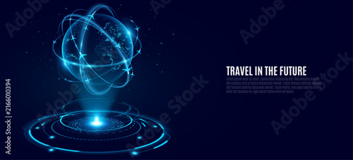 Futuristic travel concept featuring a glowing digital Earth surrounded by illuminated flight paths and aircraft displayed above a high tech holographic HUD platform. Vector illustration.