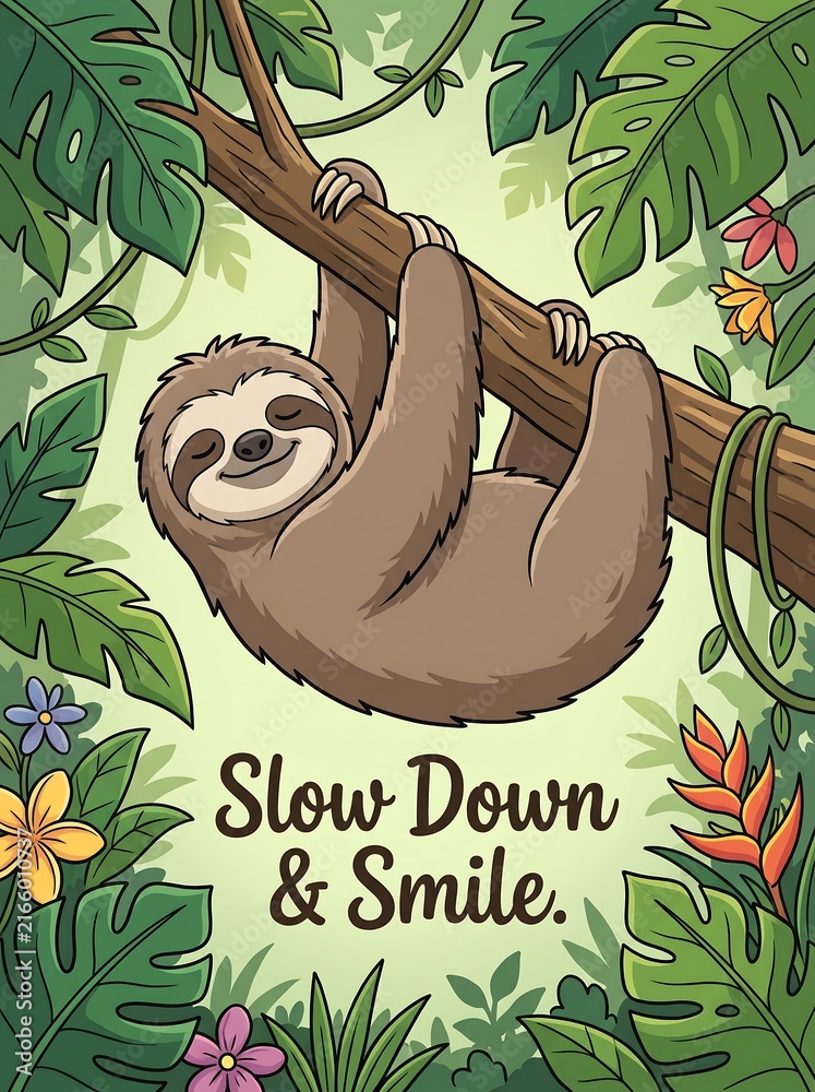 Naklejka premium Cute sloth hanging on tree branch with motivational text