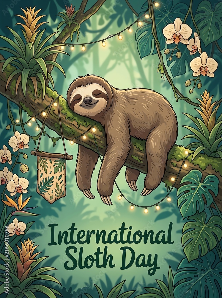 Naklejka premium International Sloth Day sleeping sloth in jungle vector poster
