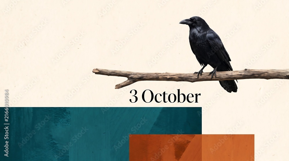 Naklejka premium Black raven on branch with 3 October text and abstract color blocks