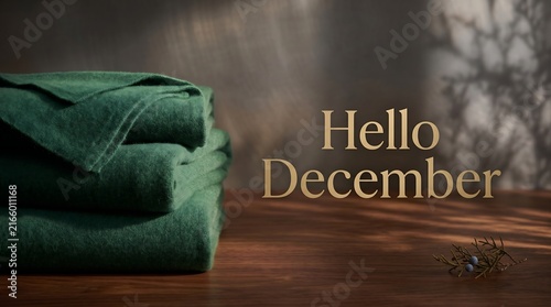 Hello December text with cozy green knitted sweaters on wooden table