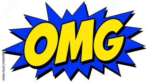 Comic book style illustration of the word OMG in bold yellow letters on a blue burst.