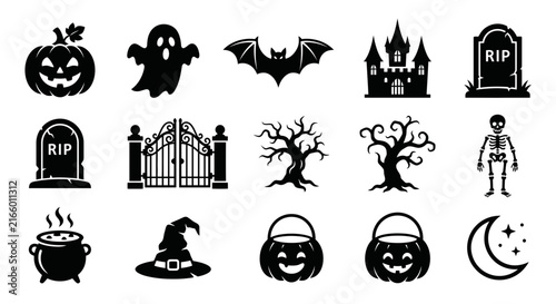Set of spooky Halloween themed black silhouette icons.