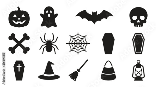Set of black Halloween icons for spooky holiday celebration.