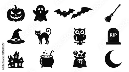 Set of Twelve Halloween Holiday Theme Icons and Silhouettes.