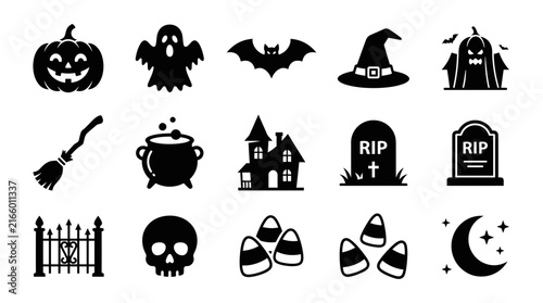 Set of fifteen black Halloween themed silhouette icons.