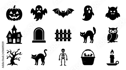 Set of Halloween themed black silhouette icons.