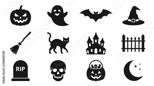 Set of Twelve Halloween Themed Black Silhouette Icons.