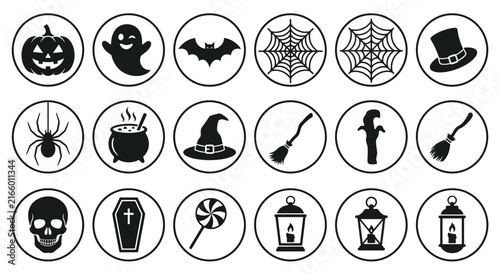 Set of eighteen hand drawn Halloween theme icons in circular frames.