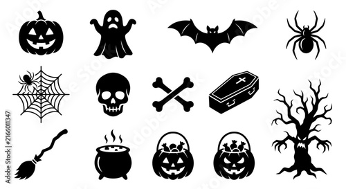 Set of spooky Halloween icons and silhouettes in black and white.