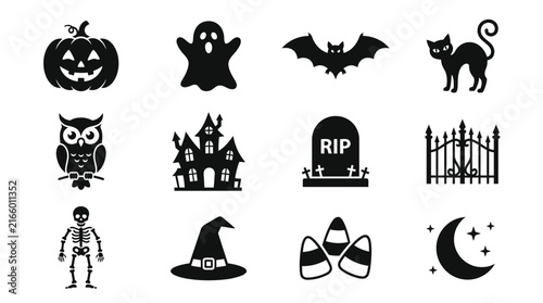 Set of black and white Halloween icons and symbols.