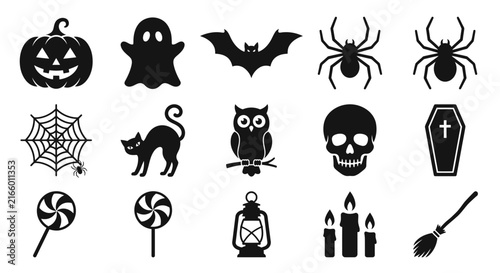 Set of Halloween themed black silhouette icons.