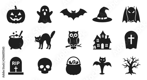 Set of Halloween themed black silhouette icons.