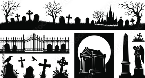Spooky Halloween cemetery graveyard silhouette vector set featuring a spooky tombstone horizon landscape, iron gate fence, full moon crypt mausoleum, obelisk monument, and weeping angel.