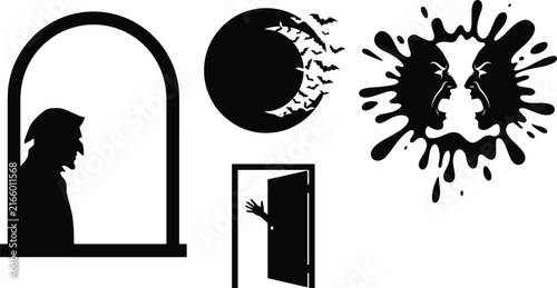 Spooky horror vector silhouette set featuring vampire profile in window frame, full moon with bats, creepy hand emerging from open door, and scary ink splatter faces