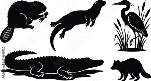 Swamp and wetland wildlife vector silhouette set featuring an alligator, beaver eating wood, swimming otter, heron bird with reeds, and walking raccoon isolated on white.