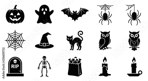 Set of black halloween icons and symbols for holiday design.