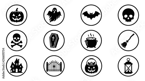 Set of Twelve Halloween Themed Vector Icons in Circular Frames.