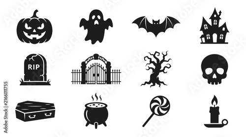 Set of black and white Halloween icons and symbols.