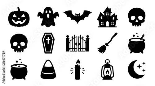 Set of 15 Black Halloween Icons and Symbols Collection.