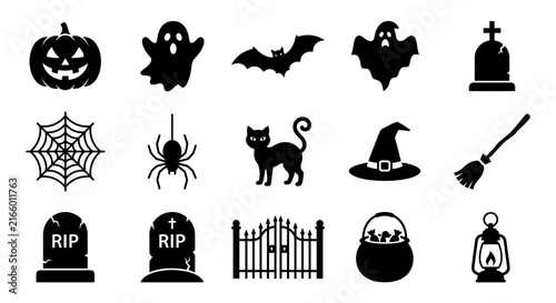 Set of fifteen flat black Halloween icon designs.