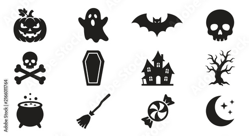 Set of Halloween themed black silhouette icons.