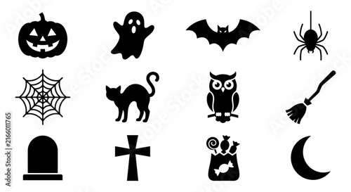 Set of twelve black halloween icon silhouettes on a white background.