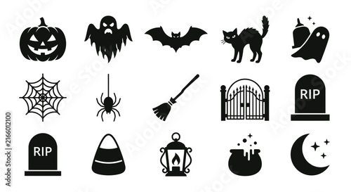 Set of Halloween icons and spooky elements in black silhouette style.