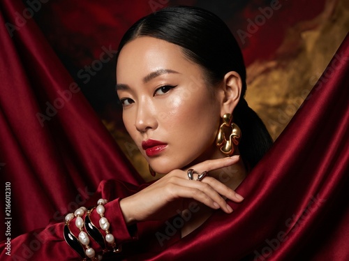 Asian model, red strong energy aesthetic