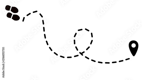 Fotografía Human footprints on a dashed line path to a final waypoint pin