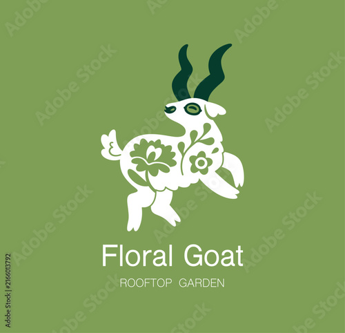 Folk Floral Goat logotype in green. Vector illustration
