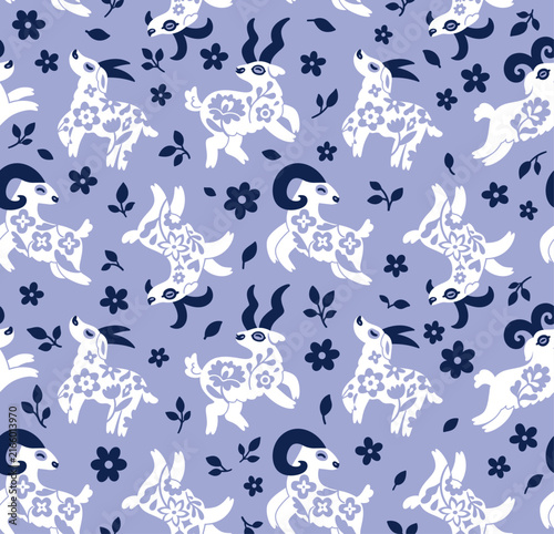 Seamless pattern with whimsical floral goats