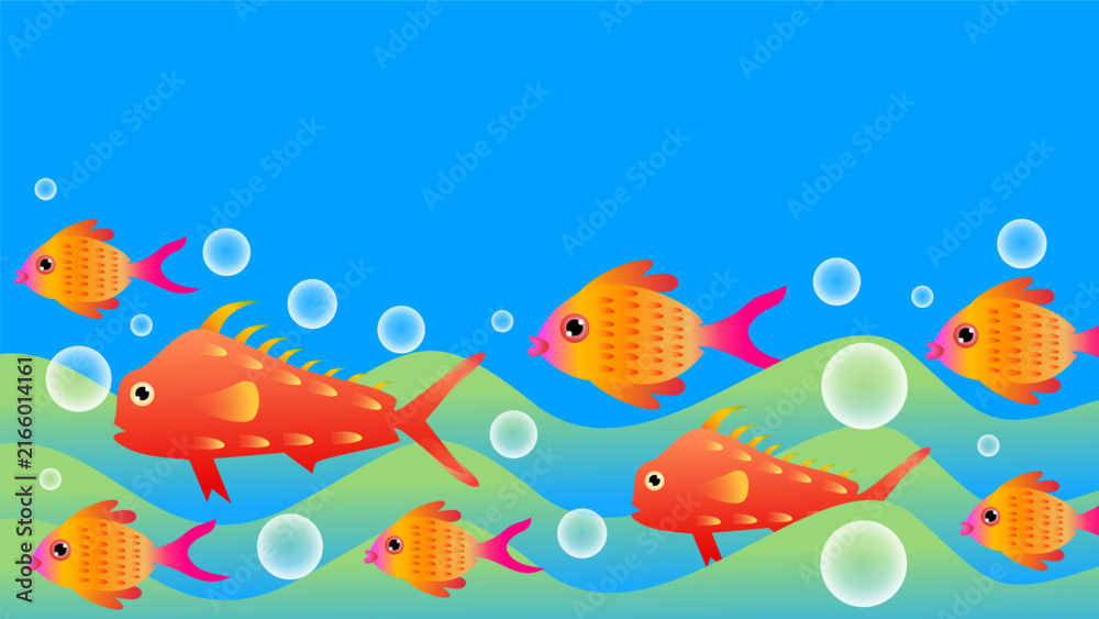 Fototapeta premium orange fish swimming over wavy ocean floor with bubbles