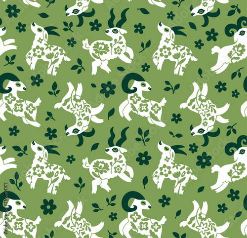 Seamless pattern with whimsical floral goats in green colors