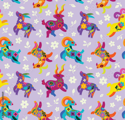 Whimsical goats with folk-inspired botanical motifs. Seamless pattern