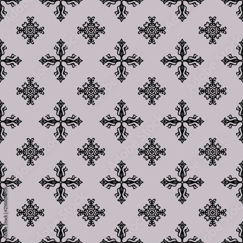 Seamless gothic damask pattern with vintage black ornamental elements on grey background