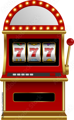 isolated slot machine with triple seven jackpot symbols. red and gold casino slot machine illustration with lightbulbs