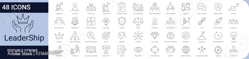 leadership and business icon set. collection of leadership, teamwork, communication, strategy, innovation, management, development & professional growth icons. editable stroke. vector icon collection.