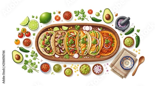 A Vibrant Taco Feast: An overhead view showcases a delectable spread of assorted tacos, creatively arranged on a rustic wooden platter, surrounded by fresh ingredients like lime, avocado, cilantro.