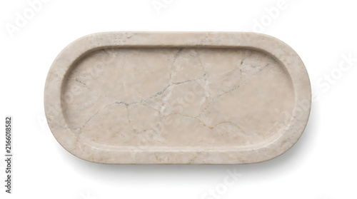 Close up of empty rectangular beige travertine stone tray on neutral background for minimalist product display and luxury home decor presentation