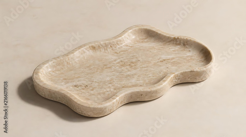Close up of empty aesthetic beige stone tray with organic curved edges on neutral background for luxury cosmetic product mockup presentation