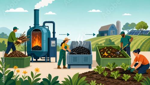 Farmers producing biochar for regenerative agriculture, improving soil health and sustainable farming