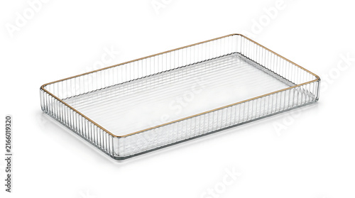 Angled view of elegant rectangular clear textured glass tray with thick rim on beige background for luxury cosmetic and jewelry product display