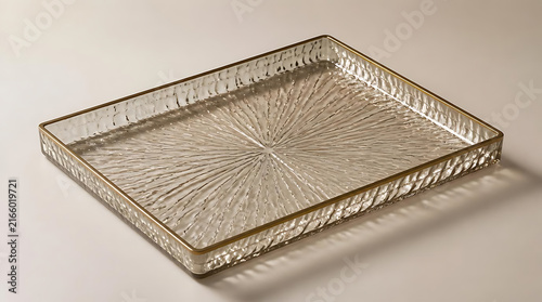 Angled view of elegant rectangular clear textured glass tray with thick rim on beige background for luxury cosmetic and jewelry product display