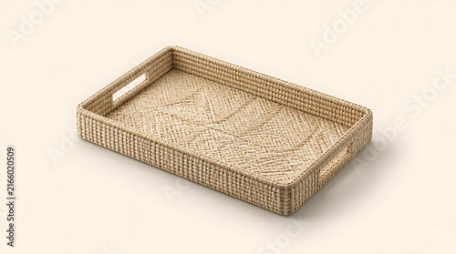 Angled view of empty rectangular woven rope tray with handles on beige background for rustic home decor and natural product mockup presentation