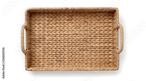 Close up texture of woven rattan wicker tray surface for rustic natural home decor background and organic product mockup presentation