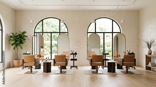 Modern hair salon interior with arched mirrors and tan leather chairs