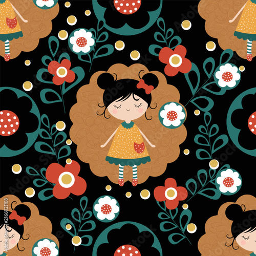 Decorative seamless pattern with cute girls, flowers, leaves and golden dots on black background for childrens textiles, wallpaper, packaging, decor, and various other interior surfaces