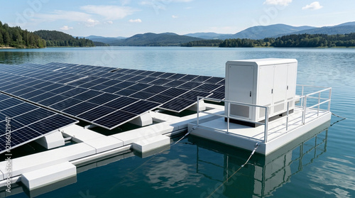 Floating solar farm with photovoltaic panels and white electrical inverter station installed on a calm reservoir with mountain landscape and forest under a blue sky for green energy.