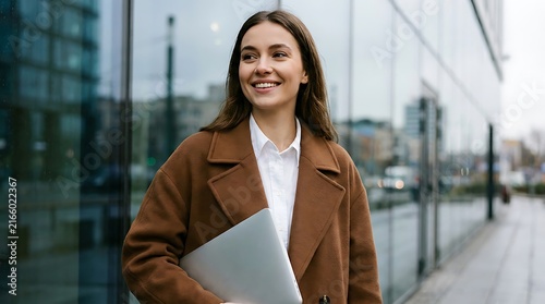 Smiling woman holding laptop walking outside modern office building